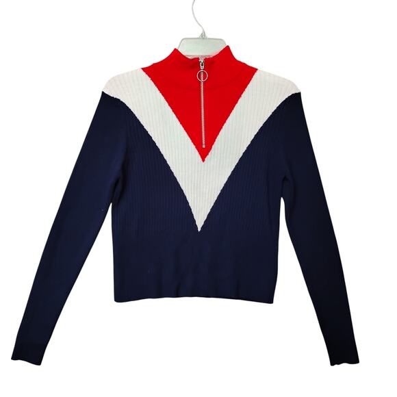 Trillium Ribbed Colorblock Top Size Large Blue, White and Red Zip Up Long Sleeve - Picture 4 of 7